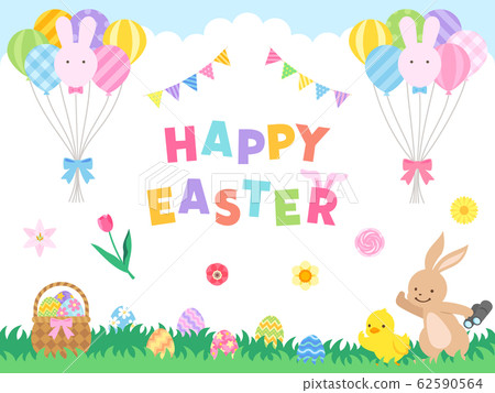 Easter illustration set (bunny and chick looking for Easter eggs) 62590564