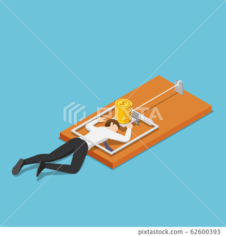 Isometric businessman trapped into mousetrap 62600393
