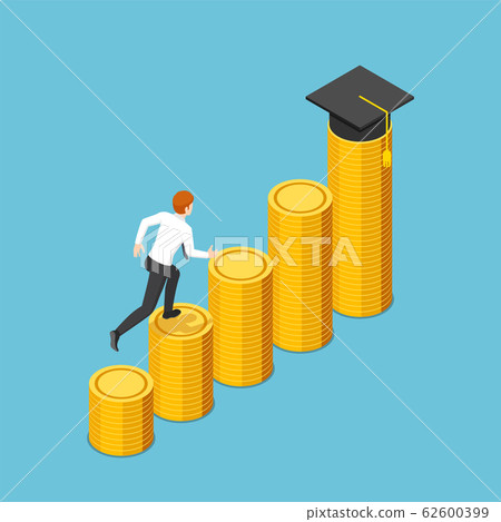 Isometric businessman running to graduation cap on 62600399