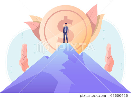 Businessman standing on the top of mountain with - Stock Illustration ...