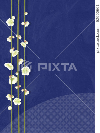 Japanese style background of white plum blossoms and washi paper, navy blue 62600661