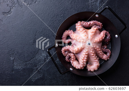 Octopus in a black frying pan. Black stone background. Copy space. Top view. 62603697