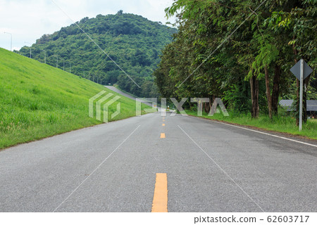 green fields Trees along a empty road 62603717