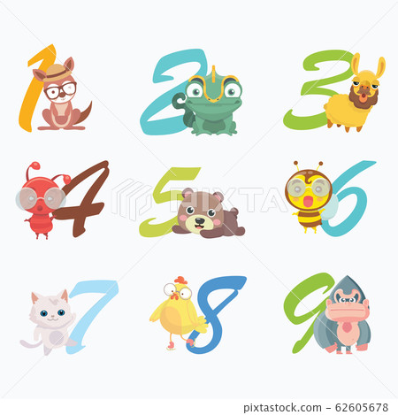 Set of funny numbers with cartoon animals. Set of funny numbers with cartoon animals. 62605678