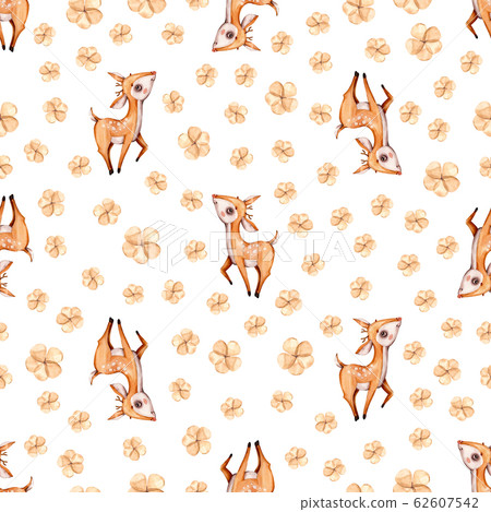Watercolor cute nursery naive hand painted seamless pattern with deer forest woodland animal. Childish Handpainted print 62607542