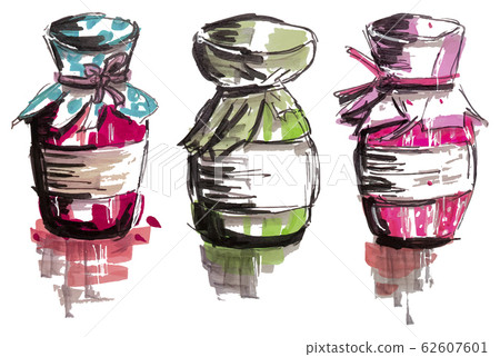Set of three glass jar with jam, hand drawn marker Set of three glass jar with jam, hand drawn marker 62607601