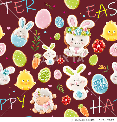 Easter ginger cookies on dark red background. Easter ginger cookies on dark red background. 62607636