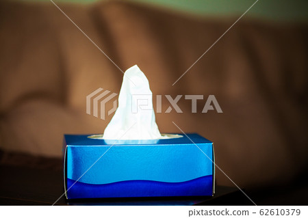 Box hygiene napkins on the brown sofa. 62610379