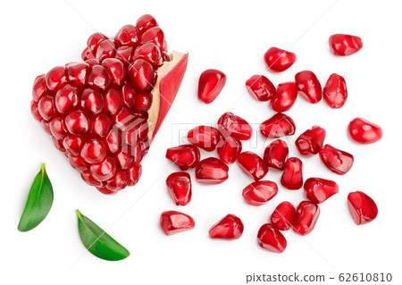 Pomegranate pieces isolated on white background with clipping path and full depth of field. Top view. Flat lay. 62610810