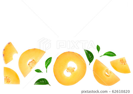 Fresh Pepino fruit slices with leaves isolated on white background. Top view, flat lay Fresh Pepino fruit slices with leaves isolated on white background. Top view, flat lay 62610820