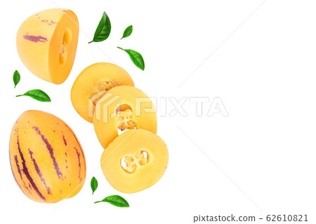 Fresh Pepino fruit with leaves isolated on white background. Top view, flat lay 62610821