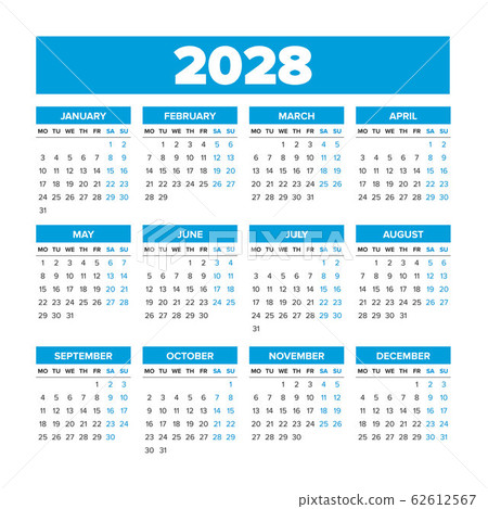 Simple Vector Calendar 2028. Weeks start on Monday - Stock Illustration