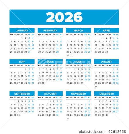 Simple Vector Calendar 2026. Weeks start on Monday 62612568
