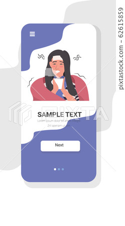 woman catching cold having headache girl covered with blanket drinking tea influenza infection symptoms flu sickness smartphone screen mobile app portrait copy space 62615859