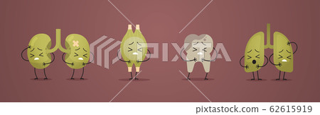 unhealthy anatomical mascot kidneys muscle tooth lungs sick damaged green characters human body internal organs anatomy concept horizontal 62615919