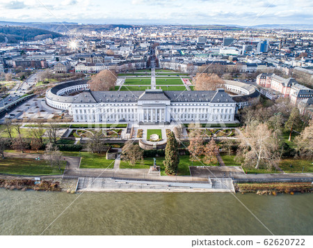 Koblenz City in Rhineland Palantino - Germany - aerial shot of historic German palace Building wit hhuge park 62620722