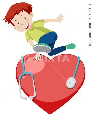 Happy boy jumping over the big red heart 62622403