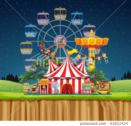 Circus scene with people on the rides at night 62622424