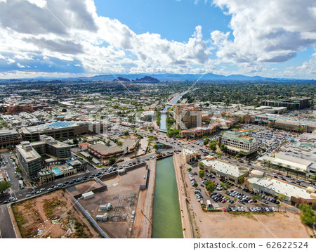 Aerial view of Scottsdale and small river, desert city in Arizona east of state capital Phoenix. USA 62622524