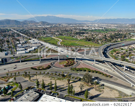 Aerial view of highway interchange and junction in Riverside, California. 62622617
