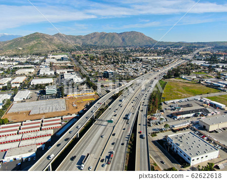 Aerial view of highway interchange and junction in Riverside, California. Aerial view of highway interchange and junction in Riverside, California. 62622618