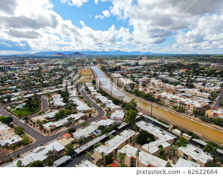 Aerial view of Scottsdale and small river, desert city in Arizona east of state capital Phoenix. USA 62622664