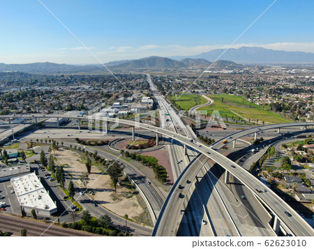 Aerial view of highway interchange and junction in Riverside, California. 62623010