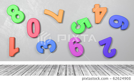 3D Colorful Numbers Against Wall in a Wooden Floor Room 62624908
