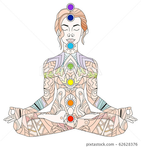 Yoga. Woman ornate silhouette sitting in lotus pose over ornamental flower, ethnic art. Padmasana 62628376