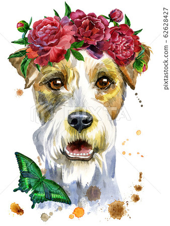 Watercolor portrait of airedale terrier dog with flowers Watercolor portrait of airedale terrier dog with flowers 62628427