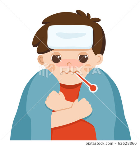 Sick cute boy with fever wrapped in warm blanket and a thermometer in mouth. 62628860
