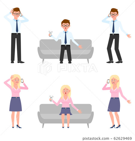 Sad, miserable, surprised, amazed, angry, shouting office man and woman vector illustration. Standing, talking on phone, sitting on sofa, screaming boy and girl cartoon character set on white Sad, miserable, surprised, amazed, angry, shouting office man and woman vector illustration. Standing, talking on phone, sitting on sofa, screaming boy and girl cartoon character set on white 62629469