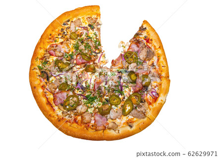 Pizza isolated on a white background, with onions, bacon and tomatoes, Pizza isolated on a white background, with onions, bacon and tomatoes, 62629971