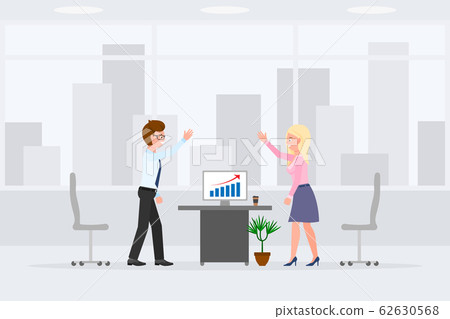 Happy man and woman indoor interior, working place vector illustration. Workers giving high five, successful report, smiling, hands up male and female cartoon character set on cityscape background Happy man and woman indoor interior, working place vector illustration. Workers giving high five, successful report, smiling, hands up male and female cartoon character set on cityscape background 62630568