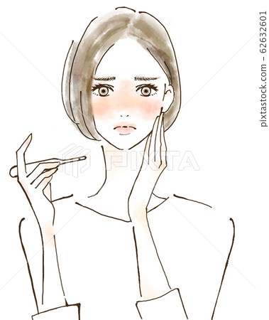 Watercolor illustration of a cold, fever, woman measuring body temperature, poor physical condition 62632601