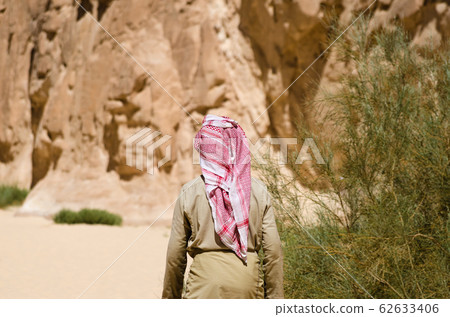 bedouin in white goes in the canyon in the desert bedouin in white goes in the canyon in the desert 62633406