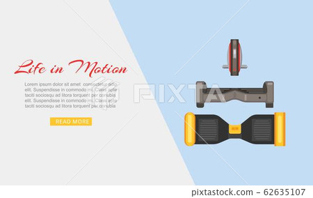 Life in motion with segway, hoverboard and gyroscooter web banner vector illustration. Monowheel or Solo wheel. Alternative eco transport website. 62635107