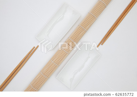 Top View Of White Empty Sushi Plates With Bamboo Top View Of White Empty Sushi Plates With Bamboo 62635772