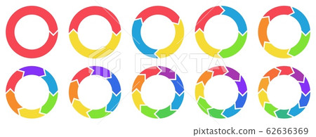 Colorful circle arrow charts. Multicolor spinning arrows, repeat circle combinations and reload icon vector set 62636369