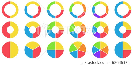 Colorful pie and donut charts. Circle chart, circle sections and round donuts chart pieces. Business infographic vector set Colorful pie and donut charts. Circle chart, circle sections and round donuts chart pieces. Business infographic vector set 62636371