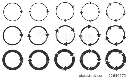 Circle arrows. Round reload or repeat icon, rotate arrow and spinning loading symbol. Circle pointer vector set 62636373