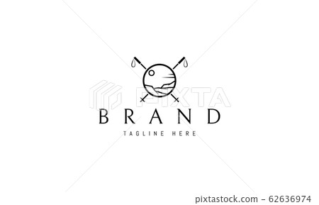 Vector black logo on which an abstract image of a mountain landscape with crossed sticks for hiking. Vector black logo on which an abstract image of a mountain landscape with crossed sticks for hiking. 62636974