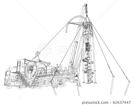 Wire-frame line coiled tubing truck isolated on white. Vector rendering of 3d Wire-frame line coiled tubing truck isolated on white. Vector rendering of 3d 62637447