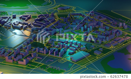Digital 3d rendering city. Light trails symbolise data travelling in modern city. Flowing data particles and random shapes Digital 3d rendering city. Light trails symbolise data travelling in modern city. Flowing data particles and random shapes 62637478
