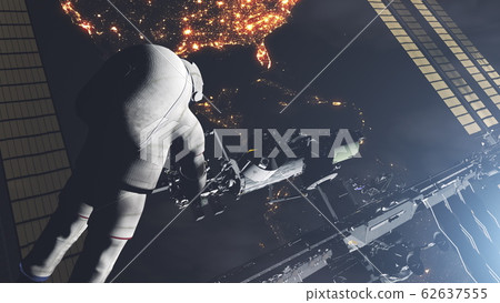 astronaut back view realistic ISS orbiting Earth 62637555
