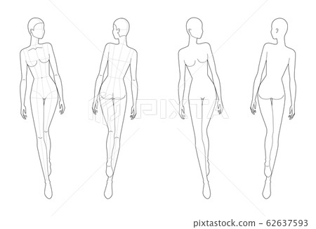 Fashion template 9 head for technical drawing with main lines.  62637593