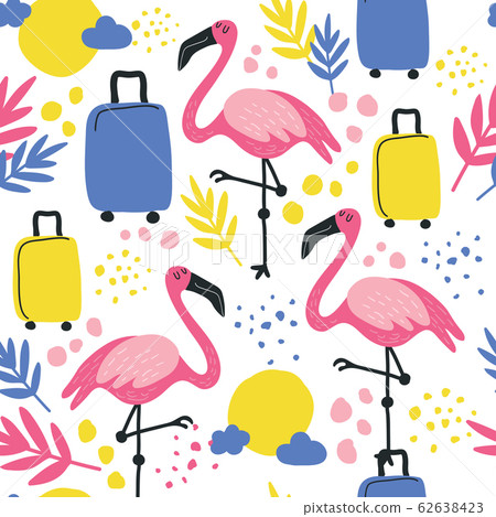 pink flamingo with suitcases seamless pattern on white background pink flamingo with suitcases seamless pattern on white background 62638423