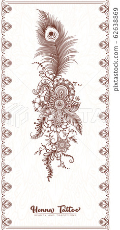 Traditional indian henna tattoo with peacock feather. Traditional indian henna tattoo with peacock feather. 62638869