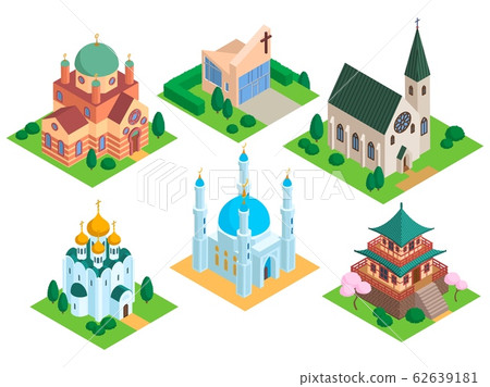 Church isometric vector temple religion building mosque and catholic architecture illustration set of christian chapel tower cultural landmark isolated on white 62639181