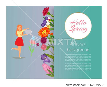 Hello spring girl watering flowers, floral banner for romantic book cover or poster and birthday cards, vector illustration.